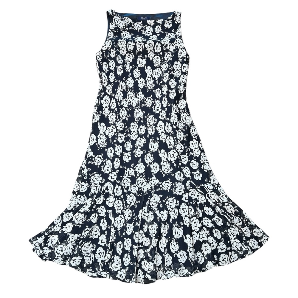 CHAPS Floral Crew Neck Handkerchief Fishtail Dress in Black/White, Women’s 10